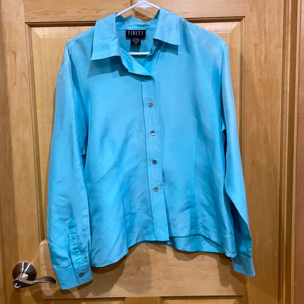 Finity blue silk button down long sleeve shirt 14